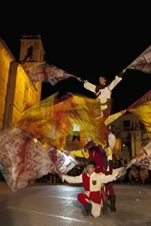 Flag throwing during village festival, Vacri, Abruzzo, Italy, Europe