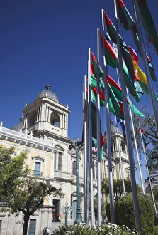 Bolivian Prints: Flags outside Cathedral in Plaza Pedro Murillo, La Paz, Bolivia, South America