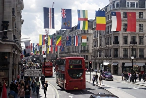 Buses Prints: Flags, Regent Street, West End, London, England, United Kingdom, Europe
