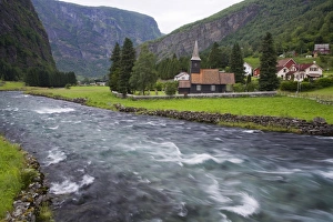 Flam church dating from 1670, and Flamsdalen Valley River, Flam, Sognefjorden