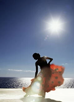 Dance Gallery: Flamenco dancing by sea in full sunlight, Ibiza, Spain, Europe
