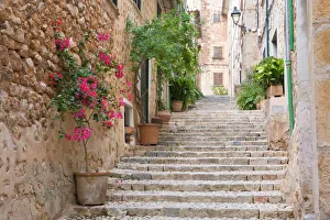 Step Prints: Flight of steps in the heart of the village Fornalutx near Soller, Mallorca