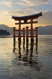 The floating Miyajima torii gate of Itsukushima Shrine at sunset, UNESCO World Heritage Site
