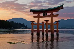 Shinto Prints: The floating Miyajima torii gate of Itsukushima Shrine at sunset