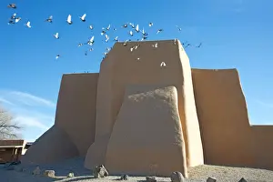 Adobe Prints: Flock of pigeons flying from the historic adobe San Francisco de Asis church in Taos