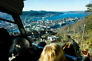 Bergen Prints: Floibanen funicular railway with view of Bergen from Mount Floyen, Bergen, Hordaland
