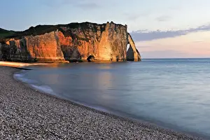 Sandy Beach Prints: Floodlit cliff, Etretat, Seine-Maritime department, Normandy region, France, Europe