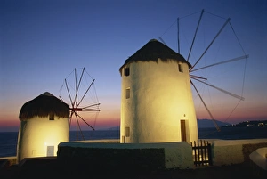 Mikonos Prints: Floodlit windmills at night