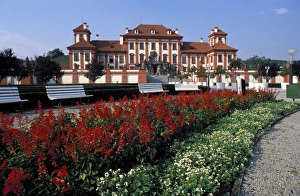 Floral bed and exterior of Baroque Troja Chateau, Troja, Prague, Czech Republic, Europe