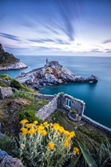 Outcrop Prints: Flowers and blue sea frame the old castle and church at dusk, Portovenere, UNESCO