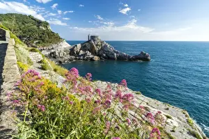 Outcrop Prints: Flowers and blue sea frame the old castle and church on the promontory, Portovenere