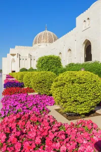 Muscat Prints: Flowers and dome of Sultan Gaboos Grand Mosque, Muscat, Oman, Middle East