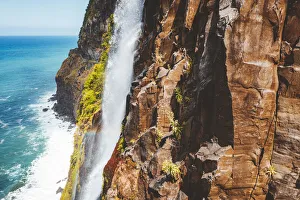 Bridal Veil Falls Prints: Flowing water of Bridal Veil Fall jumping from rocks, Seixal, Madeira island, Portugal