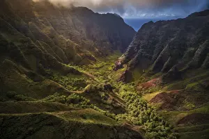 Kauai Prints: Flying through Nu alolo Valley via helicopter in the evening on the NaPali Coastline
