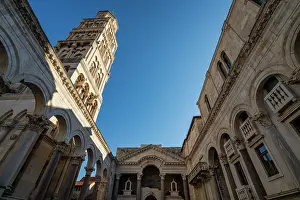 Attractions Prints: Focus on the bell tower of the Cathedral of Saint Domnius within the historic Diocletians Palace in Split