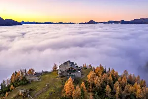 Sondrio Prints: Fog covers the Valmalenco (Val Malenco) with the mountain range of Disgrazia illuminated