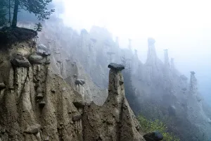 Fog over the Earth Pyramids, Perca (Percha), province of Bolzano, South Tyrol, Italy