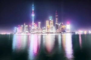 Shanghai Prints: Foggy yet colorful skyline of Shanghai Pudong at night, Shanghai, China, Asia