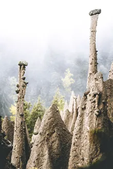 Bolzano Prints: Foggy sky over the earth pyramids, ancient rock formation, Renon (Ritten), Bolzano
