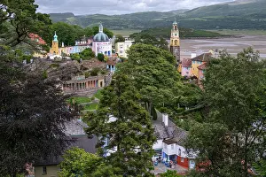 Gwynedd Prints: The folly Welsh tourist village of Portmeirion in summer, Gwynedd, North Wales, UK