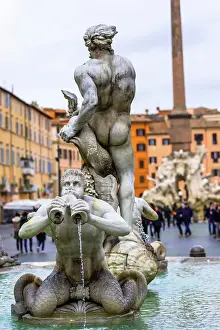 Closeup Shot Prints: Fontana del Moro fountain located at the southern end of the Piazza Navona, Rome