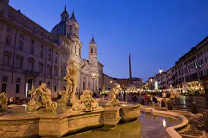 Water Fountain Prints: Fontana del Moro at night, Piazza Navona, Rome, Lazio, Italy, Europe
