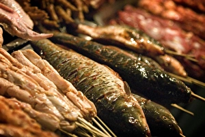 Skewers Prints: Food for the barbecue, night market, Dali, Yunnan, China, Asia