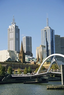 Yarra River Prints: Footbridge over the River Yarra and city skyline, Melbourne, Victoria, Australia
