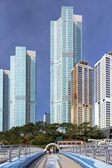 Pedestrian Bridge Prints: Footbridge and skyscrapers at Songdo beach, Busan, South Korea, Asia