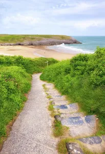 Footpath Prints: Footpath leads to Broad Haven South beach with sea and cliffs in Pembrokeshire, Wales