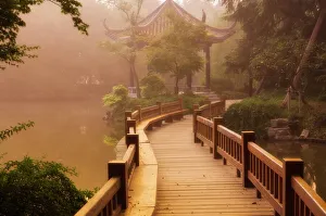 Roof Top Prints: Footpath and pavillon, West Lake, Hangzhou, Zhejiang Province, China, Asia