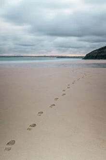 Journey Collection: Footsteps in the sand, Carbis Bay beach, St. Ives, Cornwall, England, United Kingdom, Europe