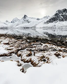 Reflective Prints: Foreshore and mountains, Senja, Troms og Finnmark, Norway, Scandinavia, Europe