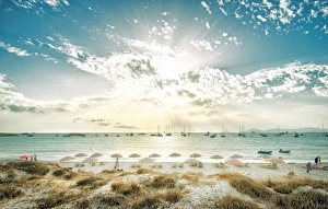 Parasol Prints: Formentera beach, Balearic Islands, Spain, Mediterranean, Europe