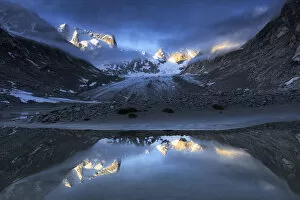Foggy Gallery: Forno Glacier reflected in a pond at foggy sunrise, Forno Valley, Maloja Pass, Engadine