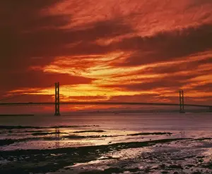 Bridges Prints: Forth Road Bridge at sunset, crossing the Firth of Forth between Queensferry