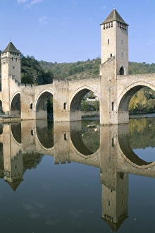 Mediaeval Prints: The fortified Valentre bridge dating from 14th century, town of Cahors