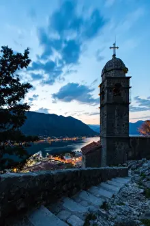 Montenegro Prints: Part of the fortress walls and path above the old town of Kotor during the evening blue hour