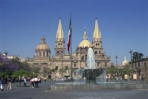 Guadalajara Prints: Fountain in front of the Christian cathedral in Guadalajara