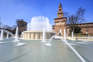 Milan Prints: The fountain frames the ancient Sforza Castle, Milan, Lombardy, Italy, Europe