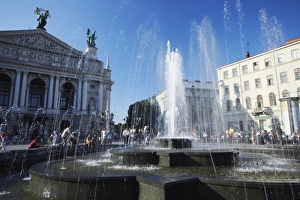 Images Dated 28th July 2009: Fountain in front of Ivano Franko Opera and Ballet Theatre, Lviv (Lvov), Ukraine, Europe