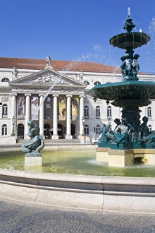 National Theatre Prints: Fountain and National Theatre on Praca Dom Pedro, Rossio District, Lisbon