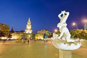City Wall Prints: Fountain in front of Old Town city wall and Puerto del Reloj at night