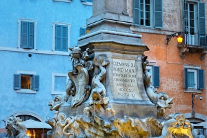 Inscription Prints: Fountain in Piazza della Rotunda at night, Rome, Lazio, Italy, Europe