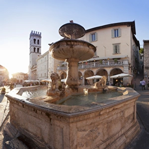 Assisi Prints: Fountain with Santa Maria sopra Minerva Church, Piazza del Comune Square, Assisi
