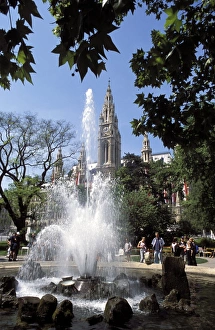 Austrian Eu Prints: Fountain with water jets and Town Hall, Innere Stadt, Vienna, Austria, Europe
