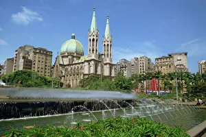 Brazil Prints: Fountains and the cathedral in the city of Sao Paulo in Brazil, South America