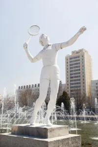 Sports Venue Prints: Fountains in front of the Pyongyang Indoor Sports Stadium
