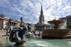 Trafalgar Square Prints: Fountains and St. Martins Church, Trafalgar Square, London, England, United Kingdom