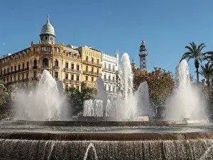 Enjoyment Prints: Fountains in the Town Hall Square, Plaza del Ajuntamiento, Valencia, Spain, Europe